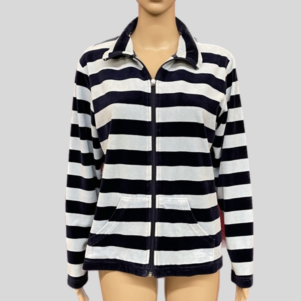 Oleg Cassini Sport Blue Striped Full Zip Velour Track Jacket Size Medium